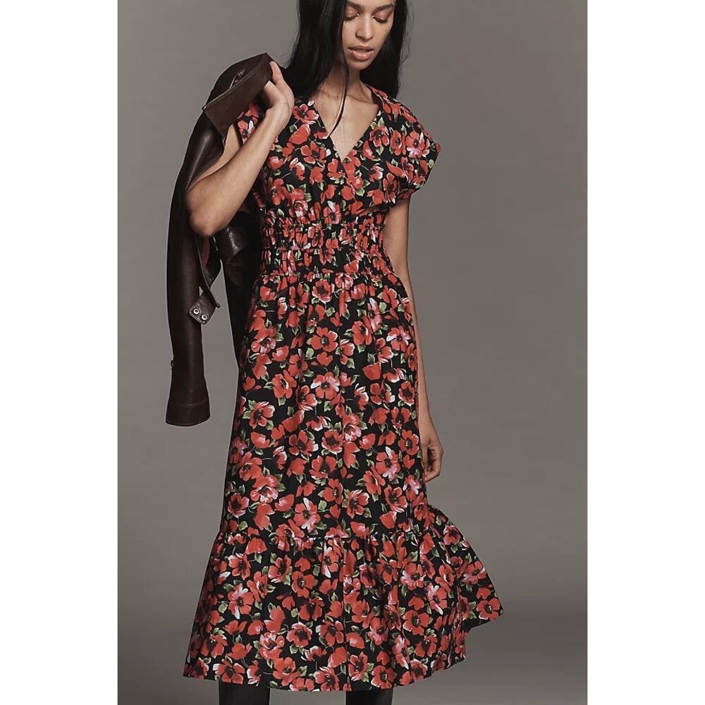 Anthropologie Maeve Floral Print Cap-Sleeve V-Neck Smocked Midi Dress NWT Small